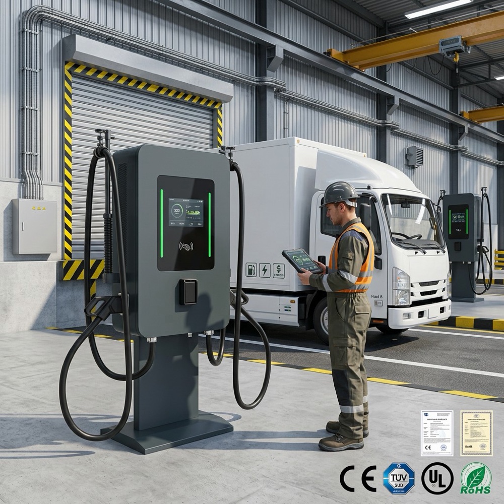 Liquid-cooled DC charger at an electric truck fleet depot