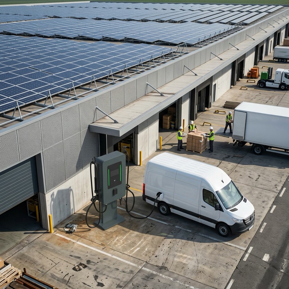 Modular DC fast charger serving an electric van at a warehouse