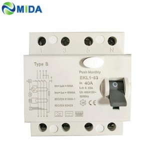 EKL1-63 คลาส B 30mA 40A 63A 10KA 4 ขั้วโลก RCD B ประเภท RCCB ตัดวงจร