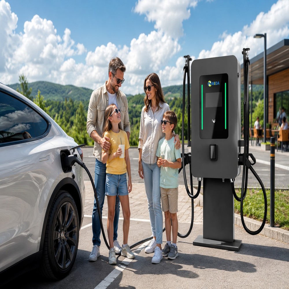 Family road trip EV charging station scene