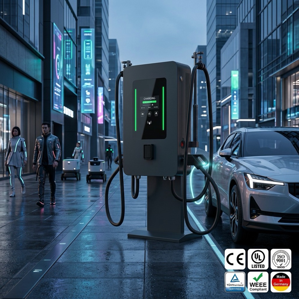 Smart DC charger powering an urban electric car