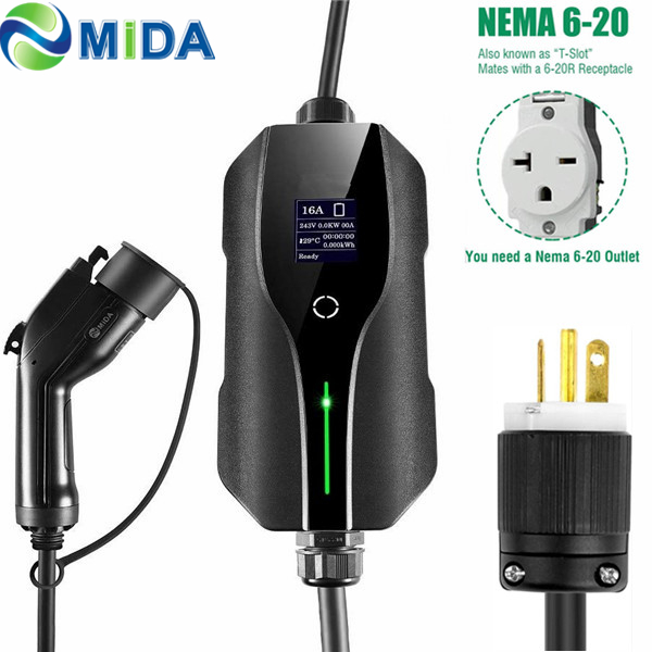 Level 2 EV Charger Cable 16A Type 1 J1772 EVSE NEMA 6-20 Plug IP66 Portable EVSE Smart Electric Car Charger Featured Image