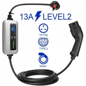 IP67 Level 2 EV Charger 8A 10A 13A Type 2 UK Plug 3Pin Portable Electric Car Charger Cable