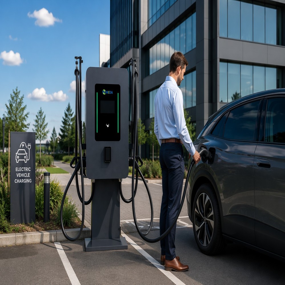 EV DC charging station in an office building parking lot
