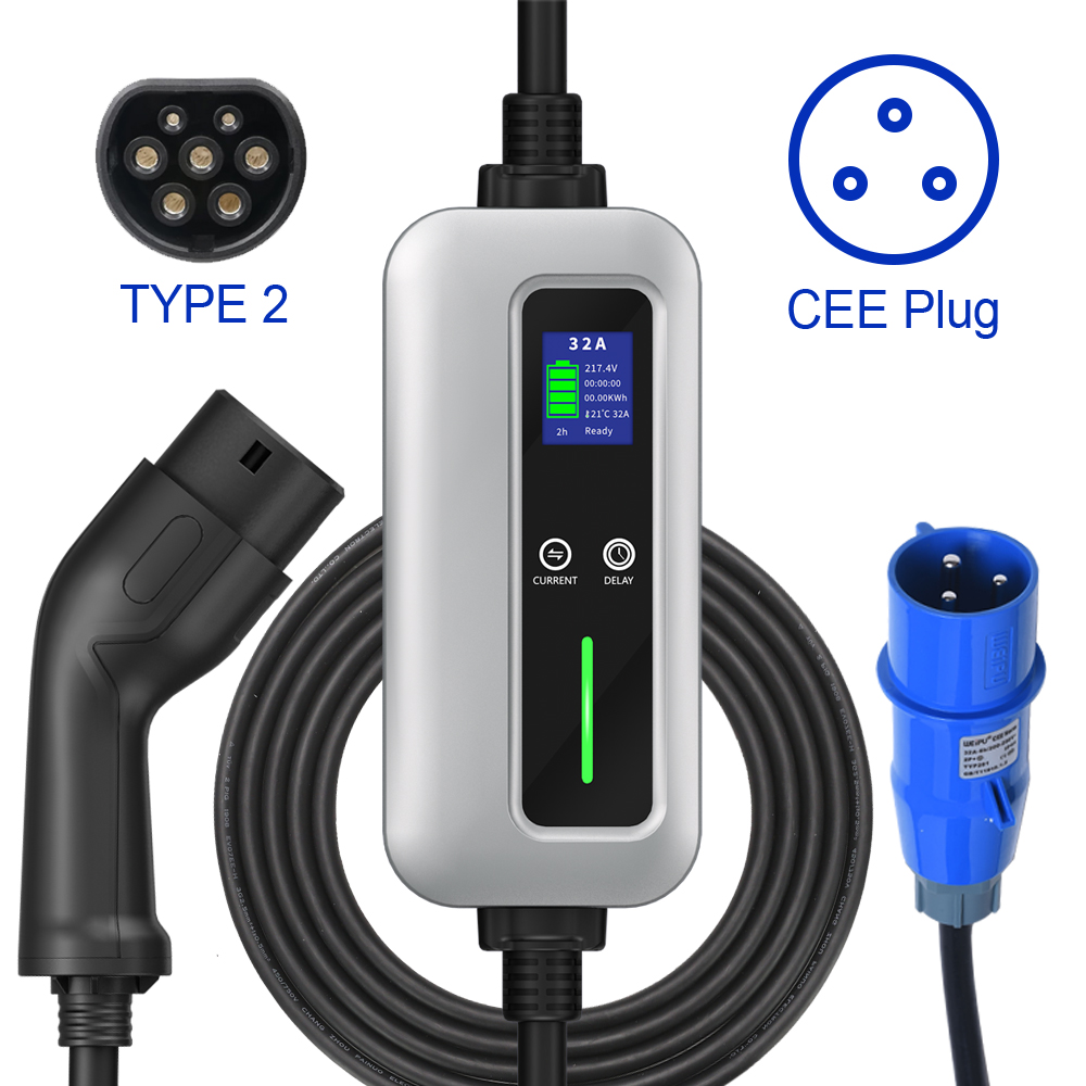 IEC 62196 Type 2 Plug10A 16A 20A 32A with Blue CEE plug Home Portable EV Charger for  Electric Car Featured Image