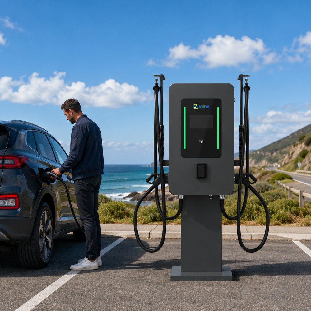 DC fast charging station along a coastal road