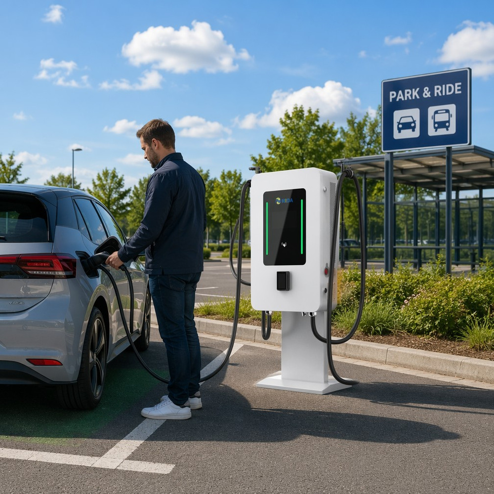 EV charging pile at a park and ride with electric car
