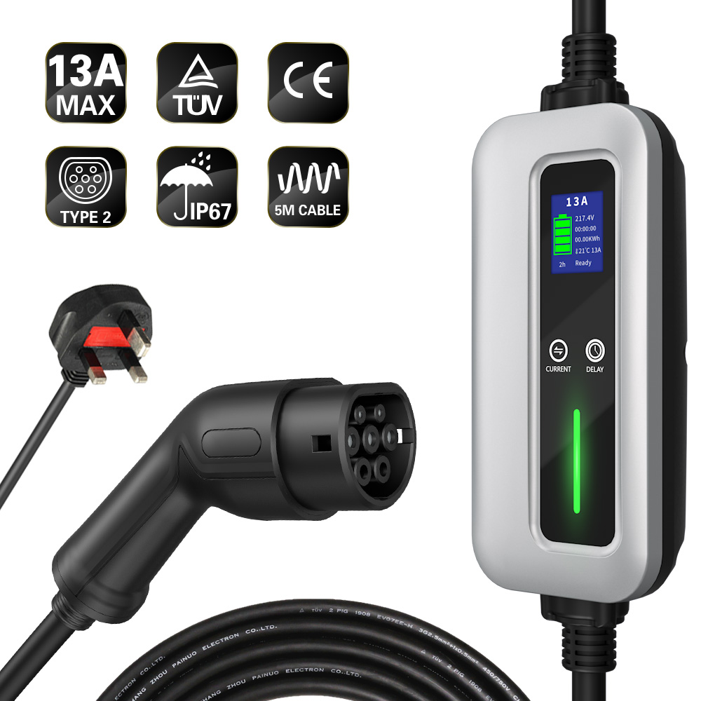 IP67 Level 2 EV Charger 8A 10A 13A Type 2 UK Plug 3Pin Portable Electric Car Charger Cable Featured Image