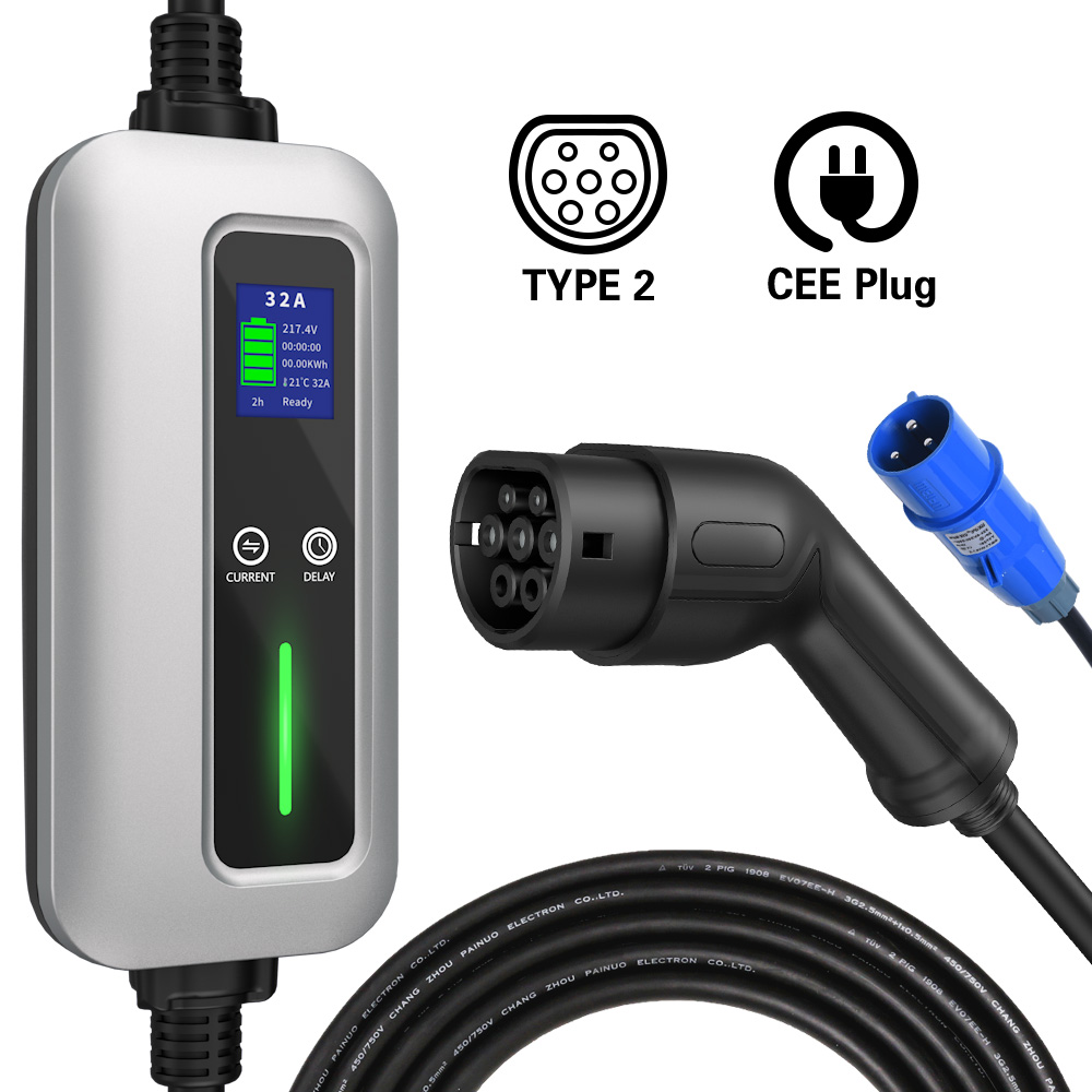 Level 2 16A 32A 250V EV Portable Charger type 2 7kw Safe Home Charger for  Electric Car IEC62196 Schuko Plug and J1772