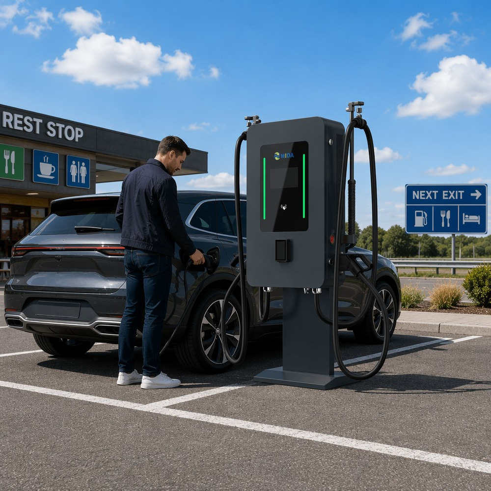 High-power DC EV charger at a highway rest stop