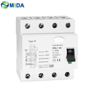 EKL1-63 RCCB 40A 63A 4 Pole 30mA Type B RCD 10KA Residual Current Circuit Breaker