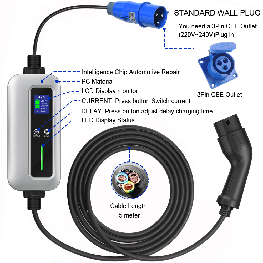 Type 2 IEC 62196 EV Charger Electric Vehicle Power Supply EV Charging cable  with CEE Plug 5m Length